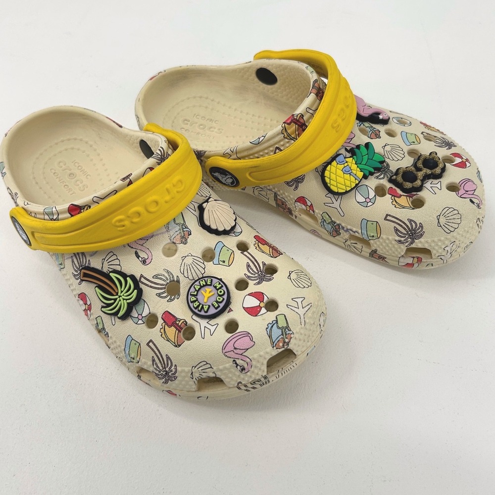 Crocs Kids Classic Clog Beach Vacation Print Yellow Strap Jibbitz Size C12
